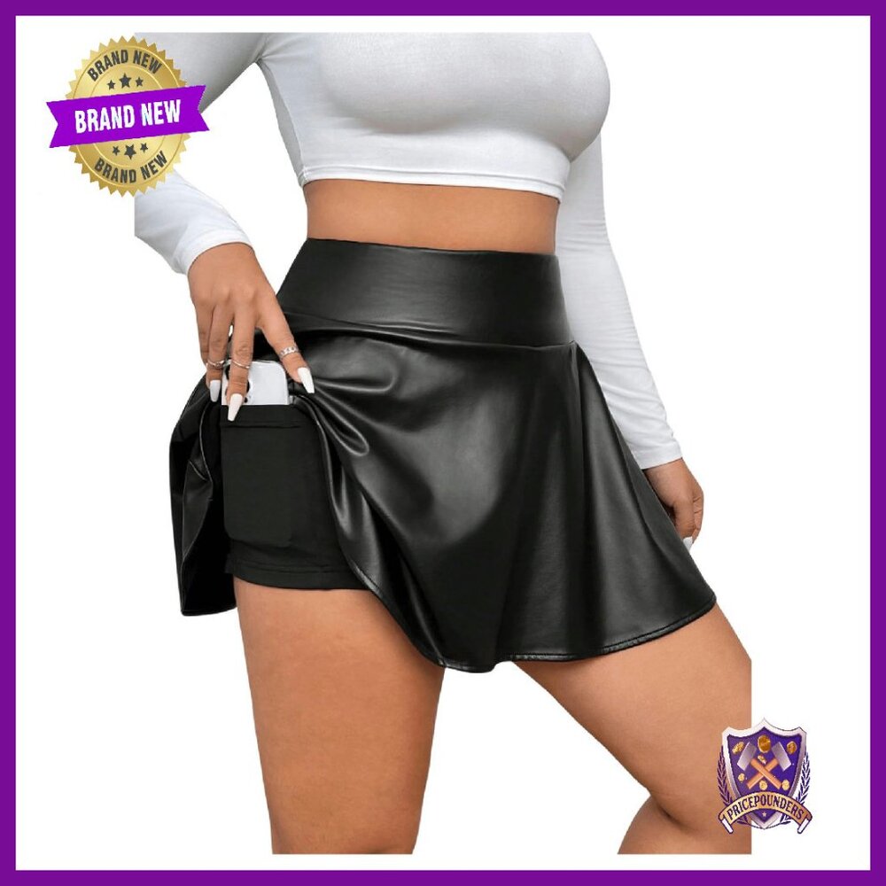 Plus Size Pu Leather Pleated Skater Skirt With Built-In Shorts